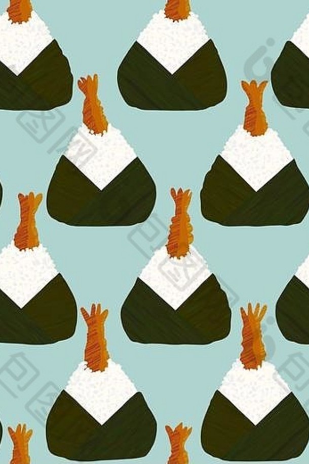 虾塞饭团无缝的模式日本厨房pescatarian零食三角形大米球包装紫菜海藻午餐纹理装饰