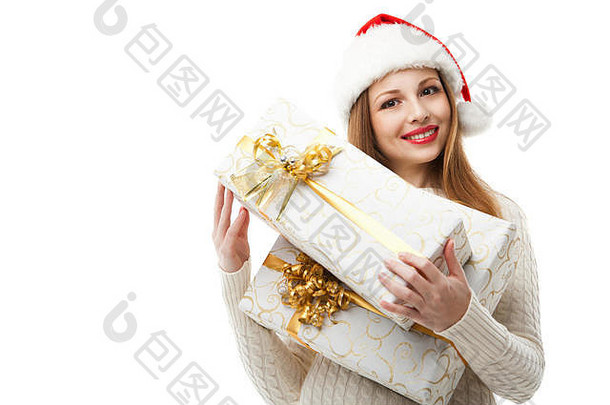 女人持有圣诞节礼物白色背景