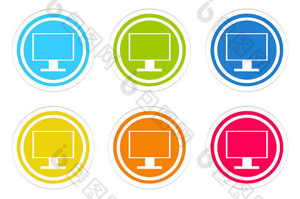 集圆形的色彩斑斓的图标屏幕电脑监控象征蓝色的绿色黄色的红色的橙色颜色