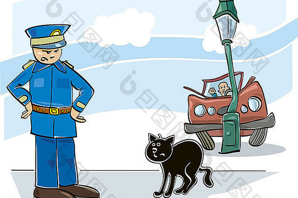 插图黑色的猫引起的车事故愤怒的警察