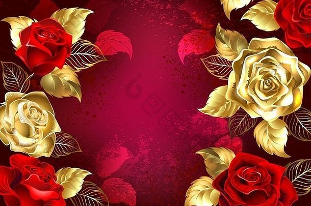 红色的变形背景珠宝红色的黄金玫瑰设计玫瑰
