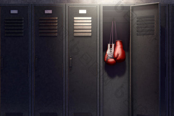 行金属健身房储物柜开放通过揭示一对拳击手套挂内部渲染