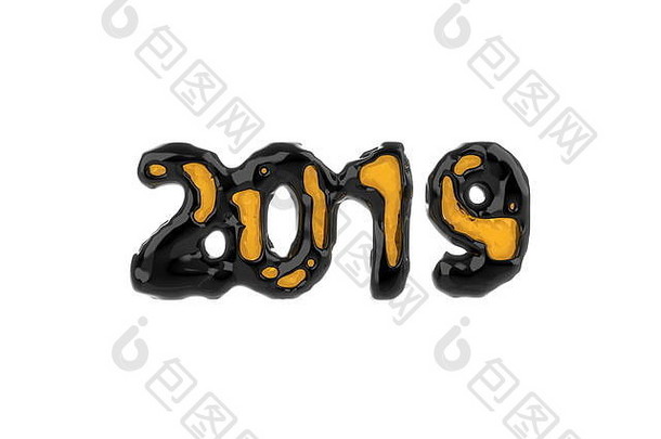 快乐一年横幅数字使明亮的光滑的塑料黑色的壳牌橙色发光的lowpoly在上雕琢平面的核心内部孤立的白色背景摘要插图