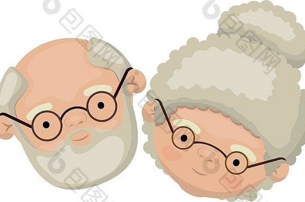 色彩斑斓的脸上了年纪的夫妇祖父胡子祖母眼镜卷曲的好发型