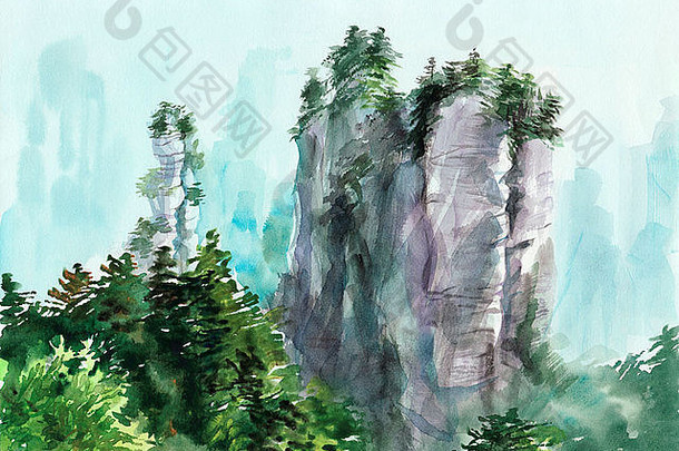 水彩原始绘画景观岩石维罗妮卡苏罗夫采娃