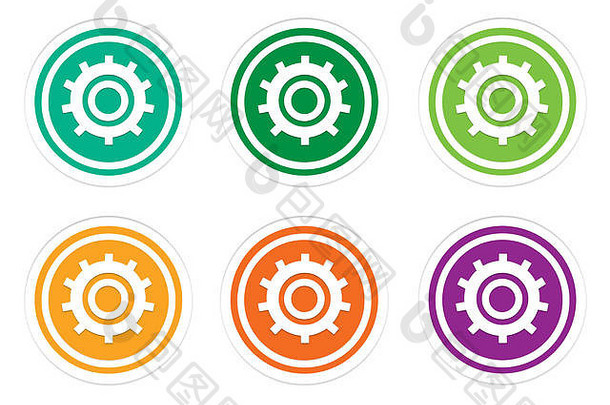 集圆形的色彩斑斓的图标齿轮象征绿色黄色的橙色紫色的颜色