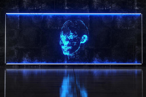 未来主义的科幻房间全息图蓝色的点燃明亮的玻璃丛人类头全息图呈现插图