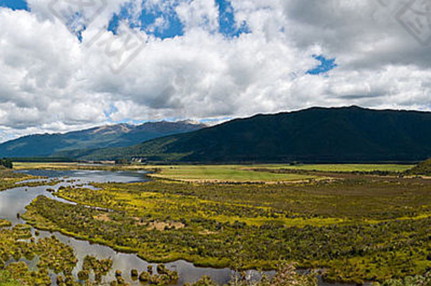 全景waiau河湿地南岛新西兰