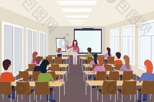 集团学生听女老师培训演讲现代会议会议房间室内讲座研讨会大厅教育概念后