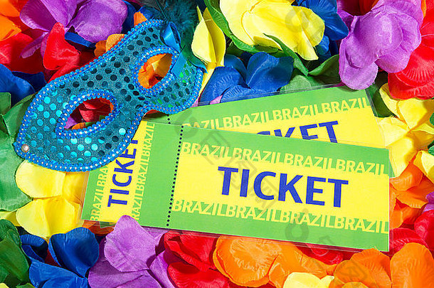 巴西票坐闪亮的狂欢节面具色彩斑斓的花法律背景