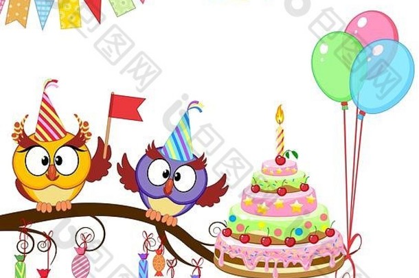 猫头鹰祝贺给蛋糕