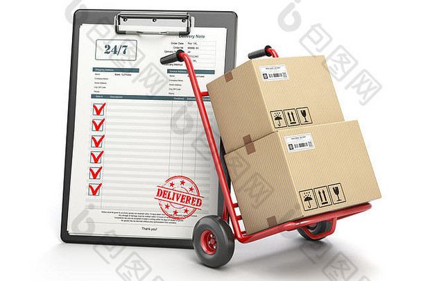 交付服务概念手卡车包裹纸箱纸板盒子剪贴板收据形式孤立的白色插图