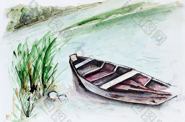 小船草地夏天海岸景观手工制作的水彩绘画插图艺术背景
