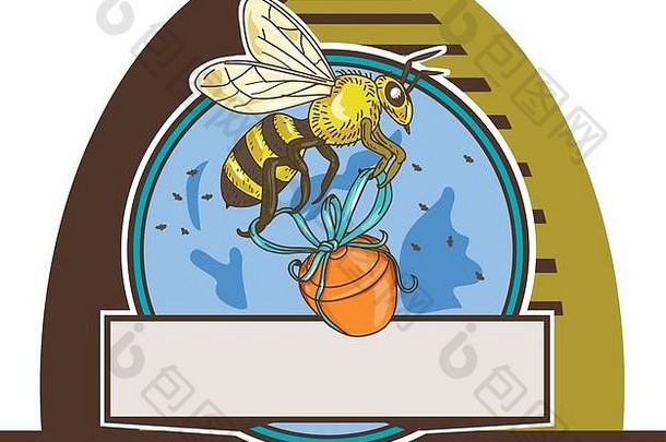 画草图风格插图工人蜂蜜蜜蜂携带蜂蜜能丝带查看一边集内部圆