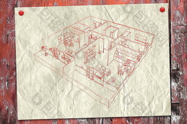 红色的徒手画的草图画有家具的首页室内公寓纸表红色的木董事会背景针