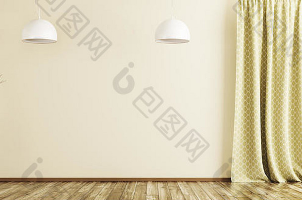 空室内背景房间窗口窗帘花瓶分支木地板上灯呈现