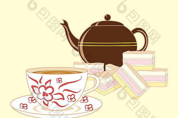 插图花俏的杯茶新鲜的海绵蛋糕棕色（的）茶壶奶油背景
