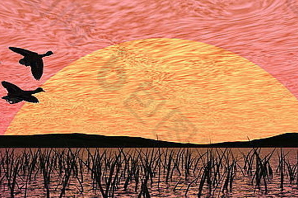群鸭飞行池塘草红色的日落