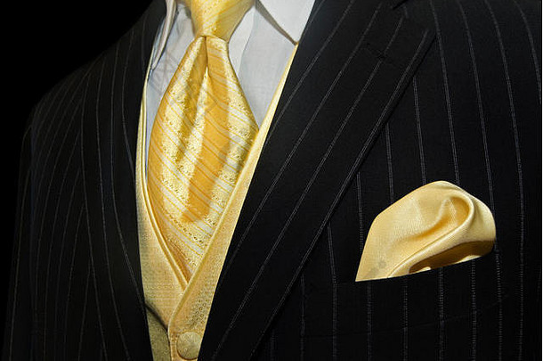 黄色的领带手帕重读细条纹燕尾服