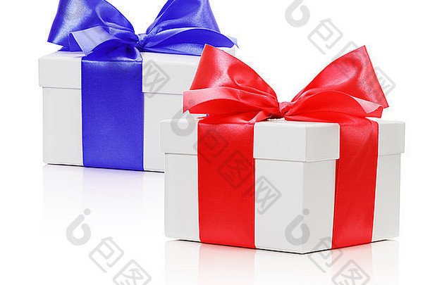 赠送盒子红色的蓝色的弓孤立的白色背景