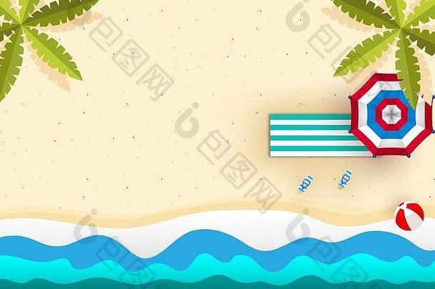 夏天假期概念夏天时间背景前视图棕榈树叶子伞太阳床上翻转失败海滩球海沙子