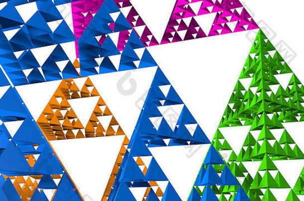 蓝色的绿色黄色的紫色的sierpinski三角形特写镜头白色背景分形形状等边三角形三角形