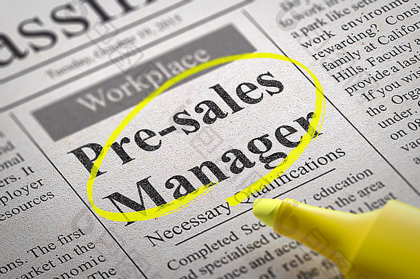 pre-sales经理空缺报纸工作寻求概念