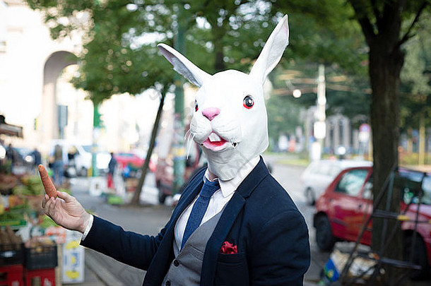 兔子面具男人。胡萝卜城市