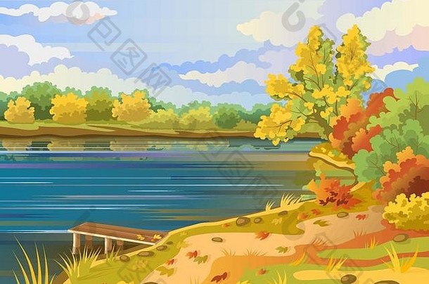 秋天景观在户外河海岸桥码头背景池塘多云的天空色彩斑斓的树灌木