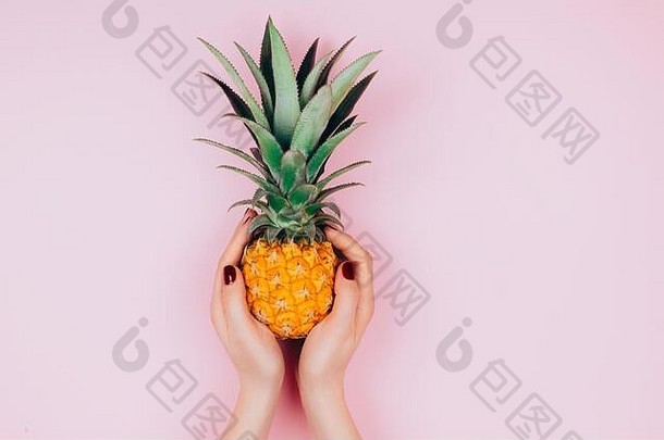 手菠萝时尚的粉红色的背景