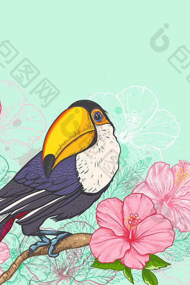 粉红色的热带花巨嘴鸟绿色背景手画插图