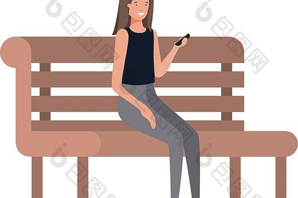 女商人坐着公园椅子智能手机