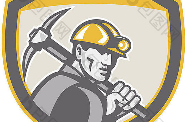 插图煤炭矿业公司需要戴安全帽的持有选择斧内部盾复古的风格