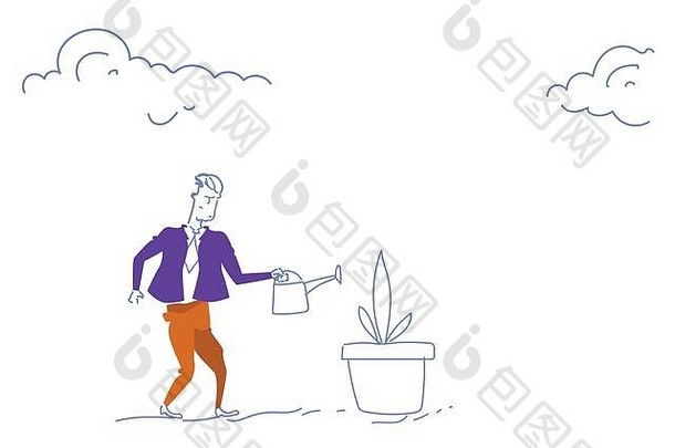 商人浇水花植物业务增长概念未来成功策略发展草图涂鸦水平