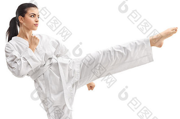 年轻的女人练习武术艺术孤立的白色<strong>背景</strong>