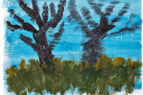 五彩缤纷的摘要背景画水粉画设计元素树草蓝色的天空