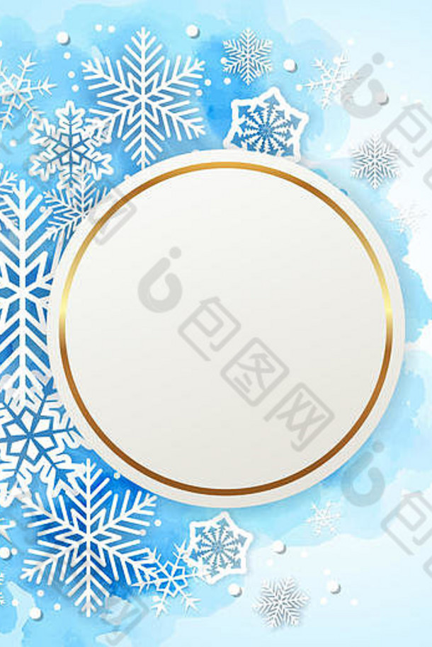蓝色的圣诞节水彩背景轮框架白色雪花一年问候卡