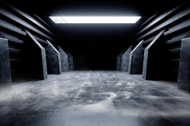 烟雾蒸汽未来走廊隧道宇宙飞船黑暗未来主义的sci反射难看的东西混凝土三角形形状入口外星人领导发光白色蓝色的