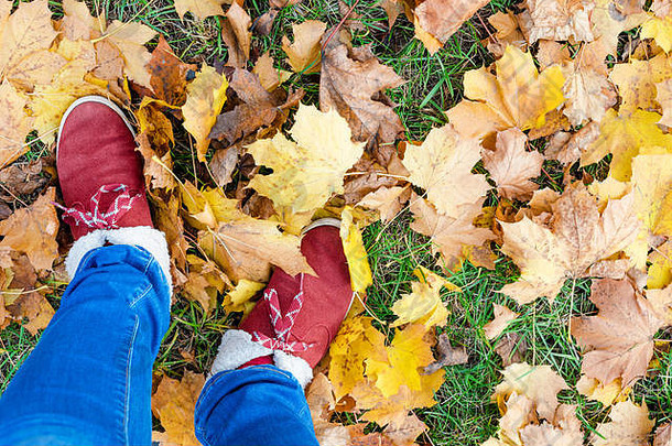 脚温暖的鞋子走秋天叶子公园秋天季节自然背景生活方式时尚时尚的风格秋天季节赶时髦的人