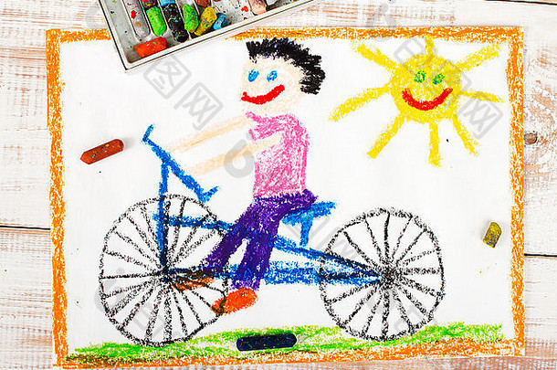色彩斑斓的画男孩骑自行车
