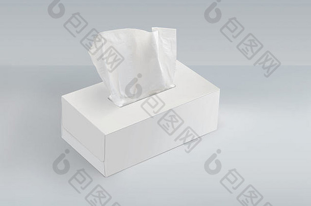 白色空白组织盒子光蓝色的背景面部组织打印设计包装模拟脸剪裁路径包括插图
