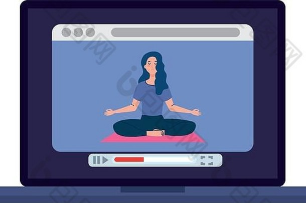 在线瑜伽概念女人实践瑜伽冥想看广播移动PC电脑