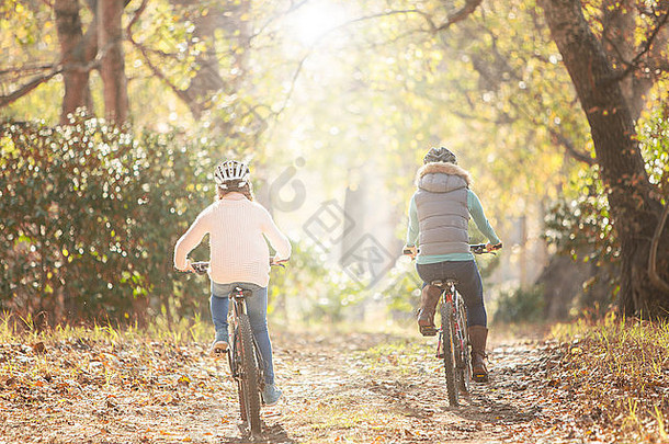 妈妈。女儿自行车骑路径森林
