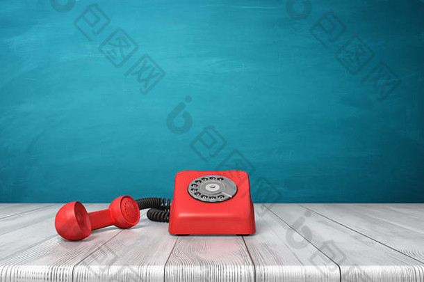 呈现明亮的红色的刻度盘电话站木桌子上蓝色的墙背景