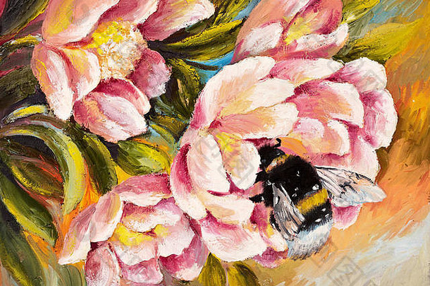 石油绘画蜜蜂坐着花春天花树刷颜色