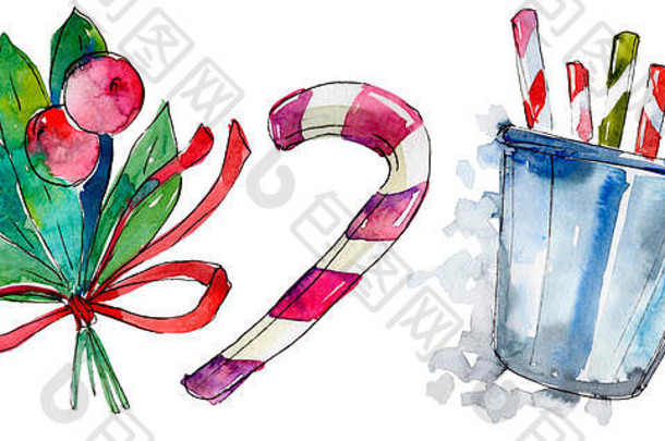 孤立的糖果杯狗浆果插图元素圣诞节冬天假期象征水彩风格