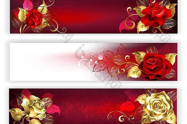 水平横幅红色的黄金珠宝玫瑰黄金叶金玫瑰设计玫瑰