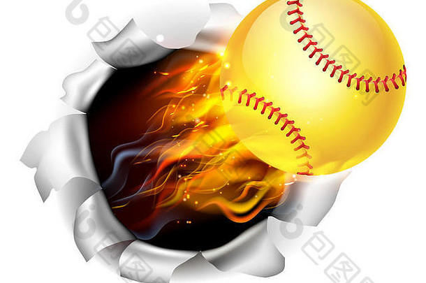 插图燃烧燃烧的黄色的垒球球火撕裂洞背景