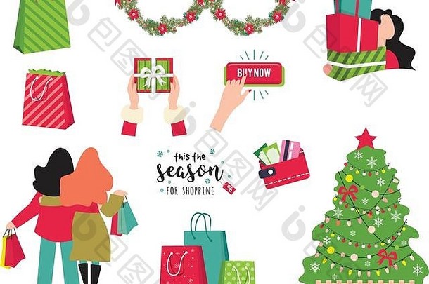 购物集圣诞节购物季节黑色的星期五冬天集圣诞节一年设计