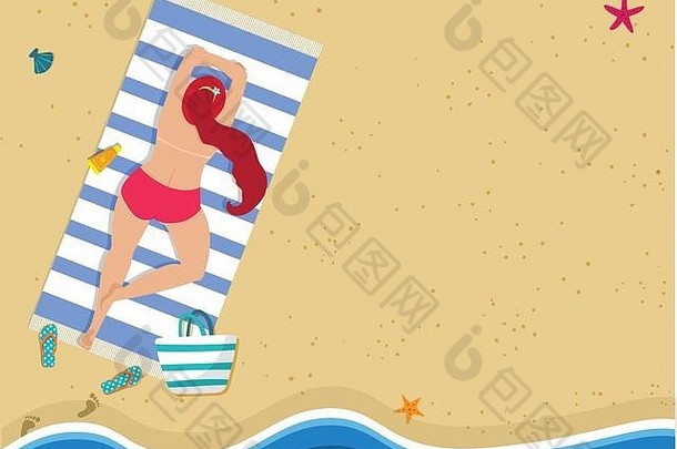 广场横幅复制空间前视图热带海滩年轻的被太阳晒黑女人红色的比基尼袒胸夏天时间假期日光浴女孩海滩